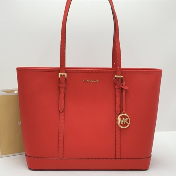 MICHAEL KORS JET SET TRAVEL LARGE TOP ZIP SHOULDER TOTE FLAME - Picture 1 of 16